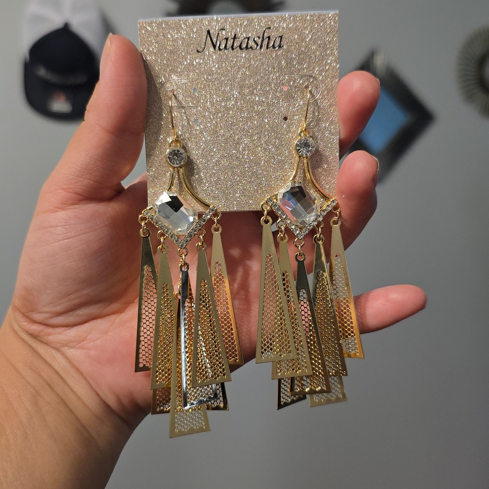 Natasha Couture Gold Crystal Fringe Dangle Earrings